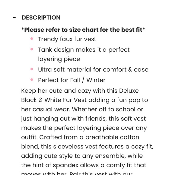 Sparkle in Pink girls’ size 6T faux fur vest. White with black. - Picture 6 of 6